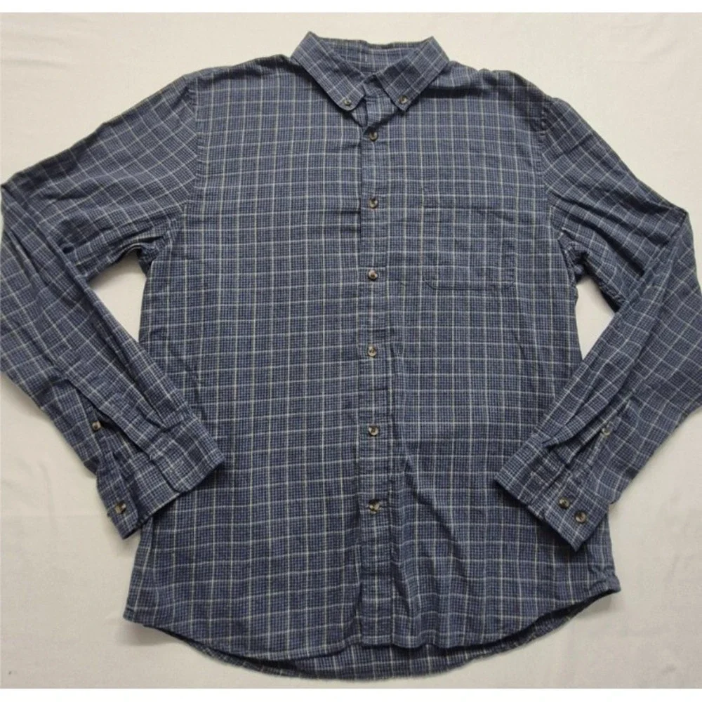 Banana Republic men's blue plaid LS button up Untucked Fit shirt‎ LG Cotton